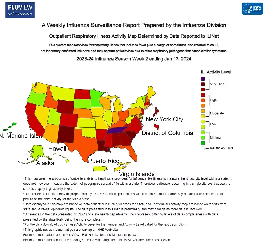 CDC FluView map of outpatient respiratory illness activity by state, week ending January 13 2024