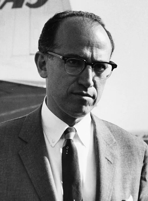 Dr Jonas Salk, developer of the polio vaccine, in a candid black and white photograph