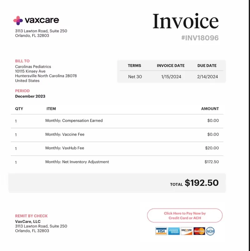 VaxCare invoice showing Carolinas Pediatrics earned zero dollars in vaccine compensation and paid $192.50 in fees